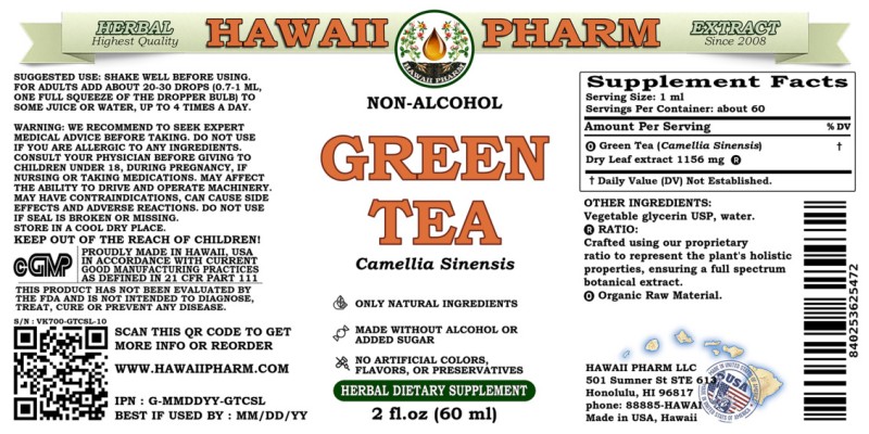 label of Green Tea (<i>Camellia Sinensis</i>) Dry Leaf Glycerite
