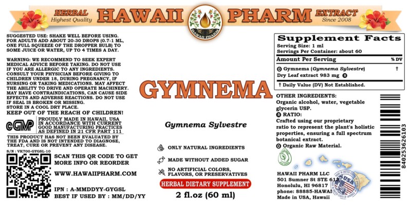 label of Gymnema (<i>Gymnema Sylvestre</i>) Dry Leaf Tincture