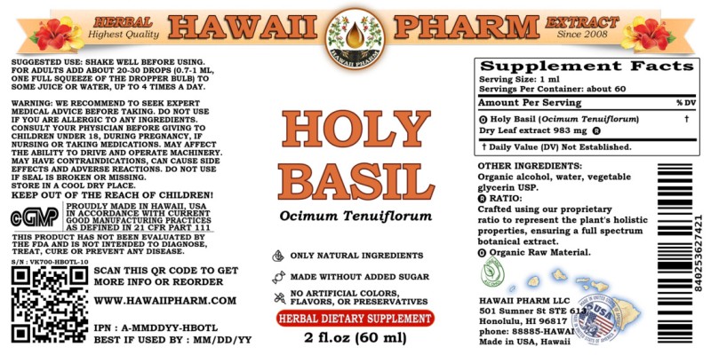 label of Holy Basil (<i>Ocimum Tenuiflorum</i>) Dry Leaf Tincture