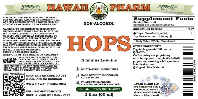 label of Hops (<i>Humulus Lupulus</i>) Dry Flower Glycerite