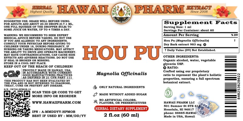 label of Hou Pu (<i>Magnolia Officinalis</i>) Dry Bark Tincture