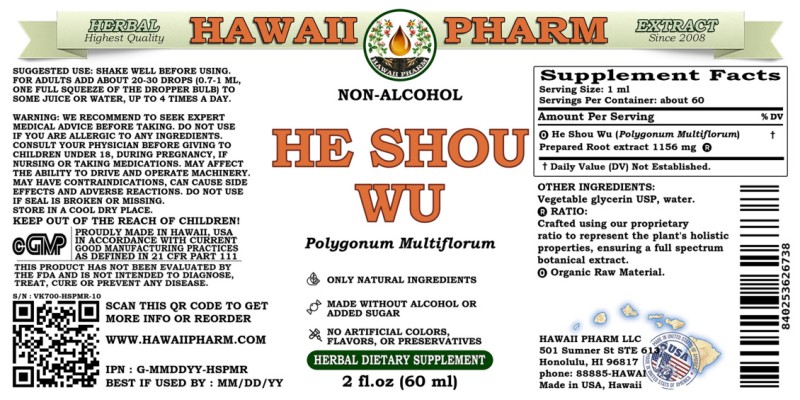 label of He Shou Wu (<i>Polygonum Multiflorum</i>) Prepared Root Glycerite
