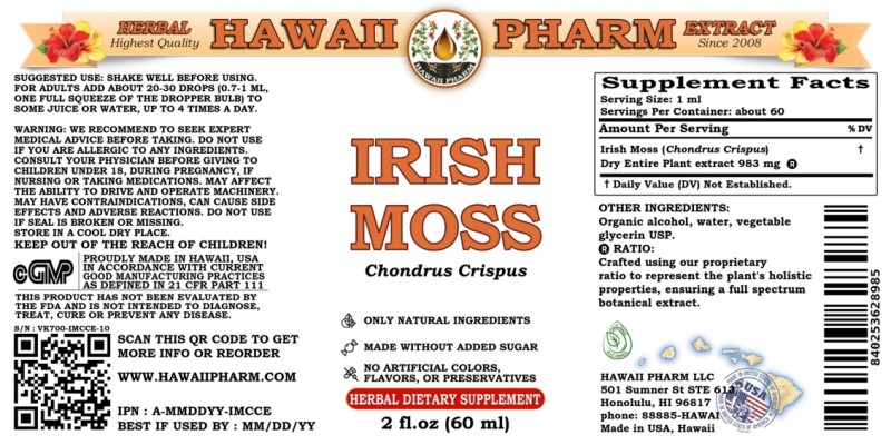 label of Irish Moss (<i>Chondrus Crispus</i>) Dry Entire Plant Tincture