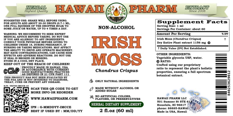 label of Irish Moss (<i>Chondrus Crispus</i>) Dry Entire Plant Glycerite