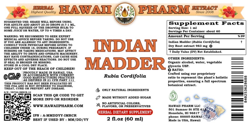 label of Indian Madder (<i>Rubia Cordifolia</i>) Dry Root Tincture