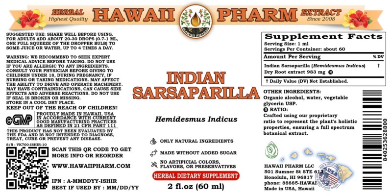 label of Indian Sarsaparilla (<i>Hemidesmus Indicus</i>) Dry Root Tincture
