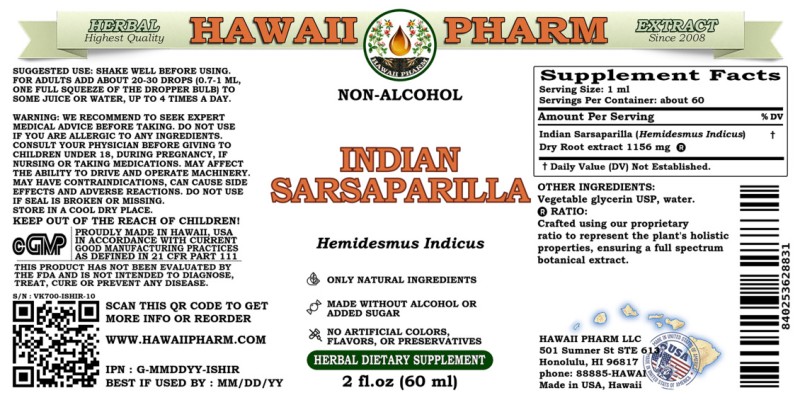 label of Indian Sarsaparilla (<i>Hemidesmus Indicus</i>) Dry Root Glycerite