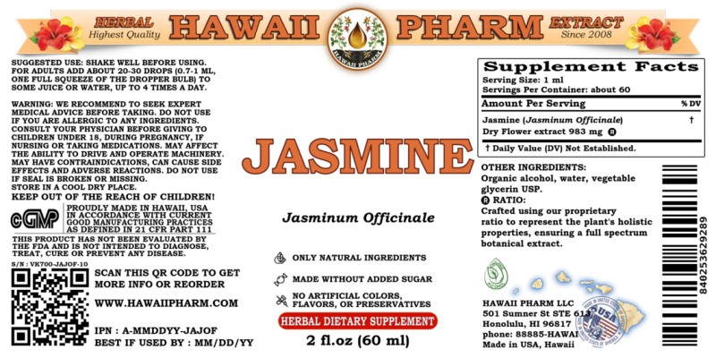 label of Jasmine (<i>Jasminum Officinale</i>) Dry Flower Tincture