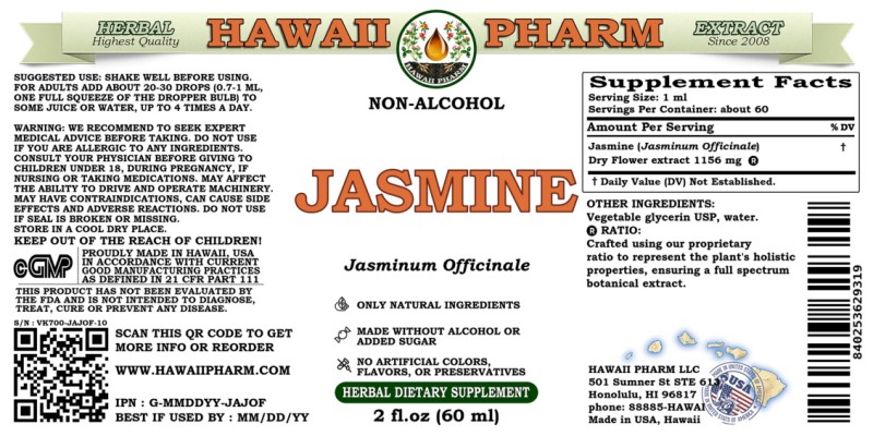 label of Jasmine (<i>Jasminum Officinale</i>) Dry Flower Glycerite