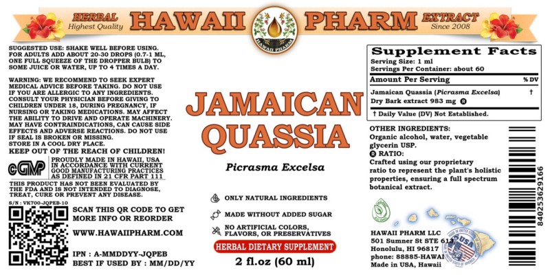label of Jamaican Quassia (<i>Picrasma Excelsa</i>) Dry Bark Tincture
