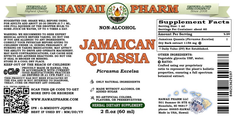 label of Jamaican Quassia (<i>Picrasma Excelsa</i>) Dry Bark Glycerite