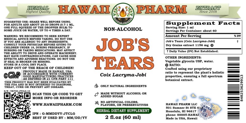 label of Job's Tears (<i>Coix Lacryma-Jobi</i>) Dry Grains Glycerite
