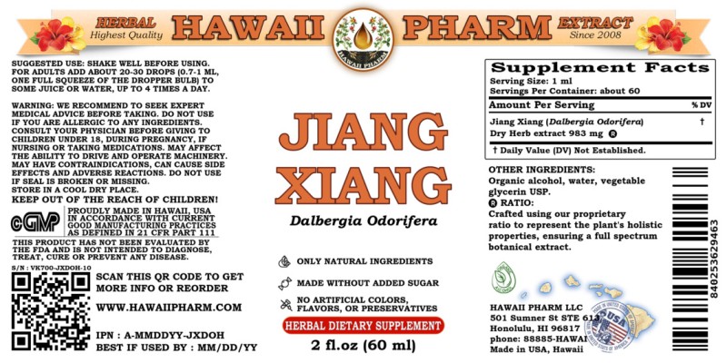 label of Jiang Xiang (<i>Dalbergia Odorifera</i>) Dry Herb Tincture