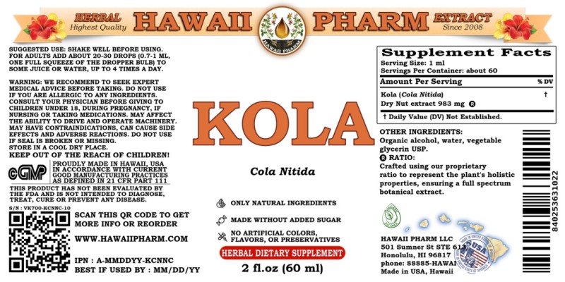 label of Kola (<i>Cola Nitida</i>) Dry Nut Tincture