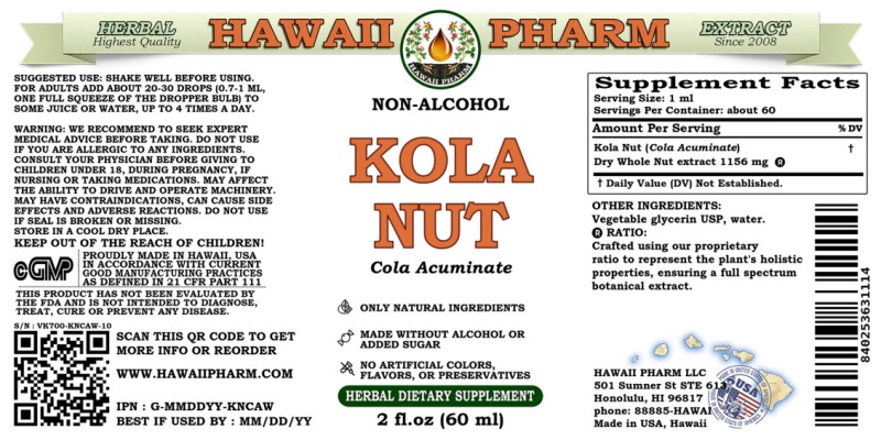 label of Kola Nut (<i>Cola Acuminate</i>) Dry Whole Nut Glycerite