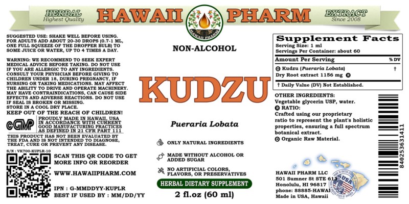 label of Kudzu (<i>Pueraria Lobata</i>) Dry Root Glycerite