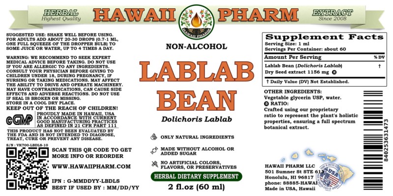 label of Lablab Bean (<i>Dolichoris Lablab</i>) Dry Seed Glycerite