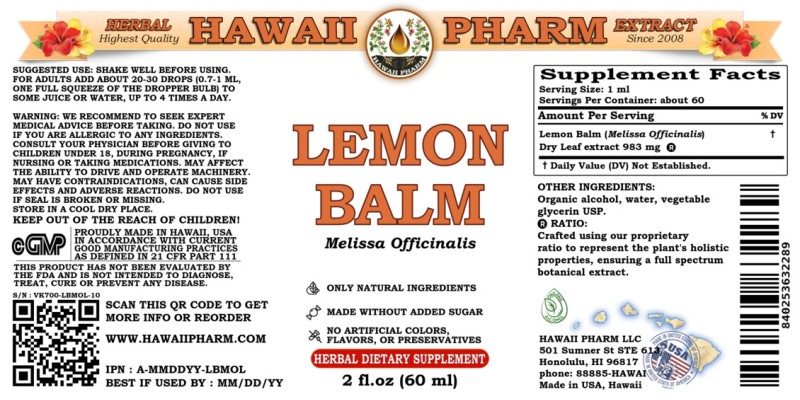 label of Lemon Balm (<i>Melissa Officinalis</i>) Dry Leaf Tincture