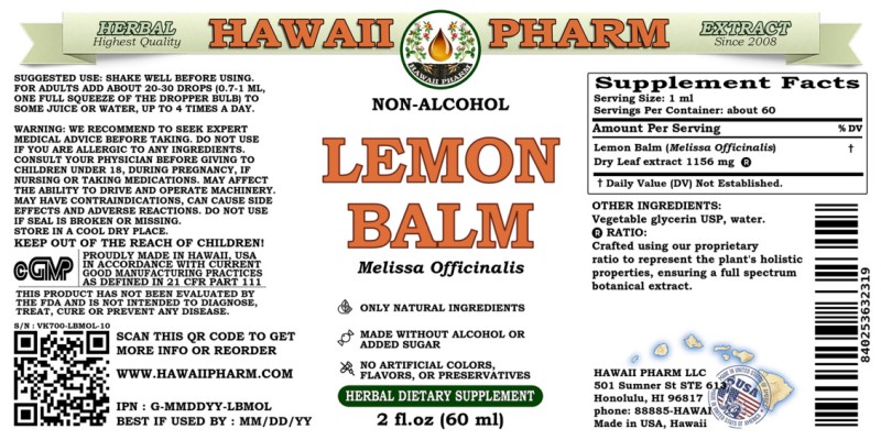label of Lemon Balm (<i>Melissa Officinalis</i>) Dry Leaf Glycerite