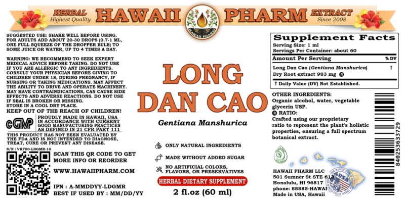 label of Long Dan Cao (<i>Gentiana Manshurica</i>) Dry Root Tincture