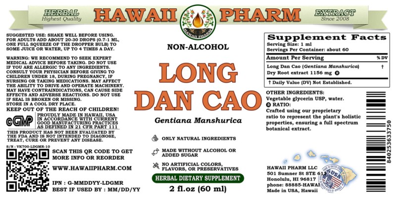 label of Long Dan Cao (<i>Gentiana Manshurica</i>) Dry Root Glycerite