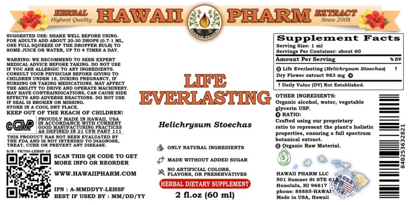label of Life Everlasting (<i>Helichrysum Stoechas</i>) Dry Flower Tincture