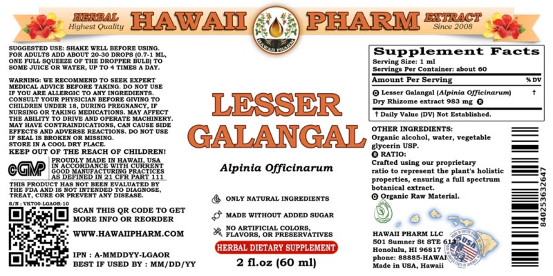 label of Lesser Galangal (<i>Alpinia Officinarum</i>) Dry Rhizome Tincture