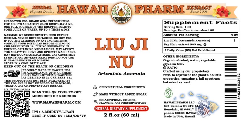 label of Liu Ji Nu (<i>Artemisia Anomala</i>) Dry Herb Tincture