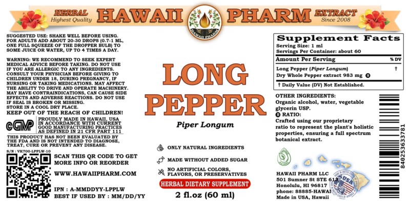label of Long Pepper (<i>Piper Longum</i>) Dry Whole Pepper Tincture
