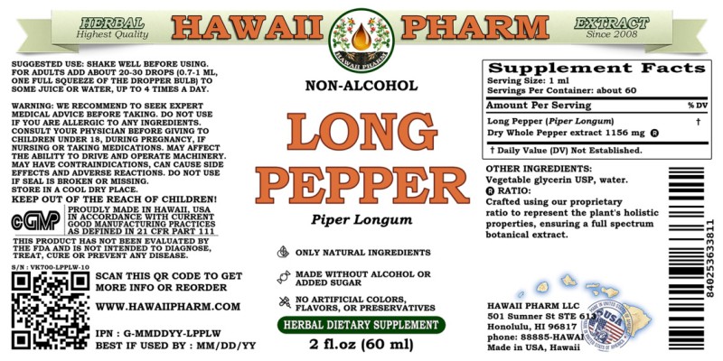 label of Long Pepper (<i>Piper Longum</i>) Dry Whole Pepper Glycerite