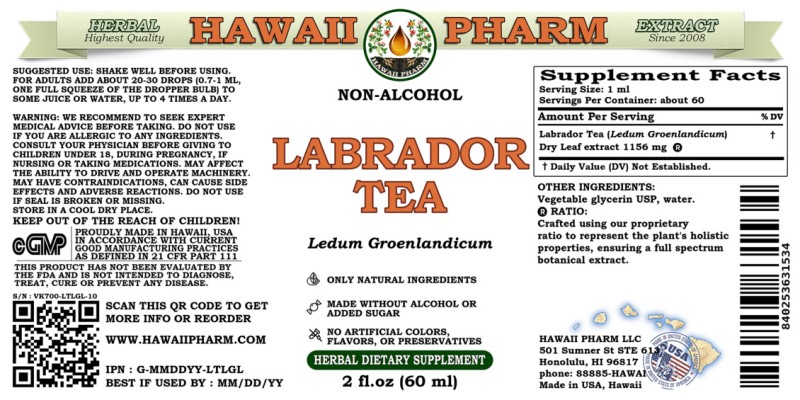 label of Labrador Tea (<i>Ledum Groenlandicum</i>) Dry Leaf Glycerite