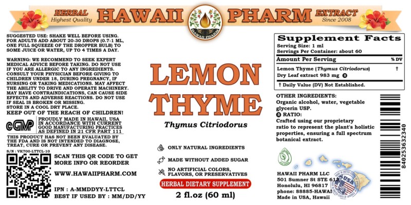 label of Lemon Thyme (<i>Thymus Citriodorus</i>) Dry Leaf Tincture