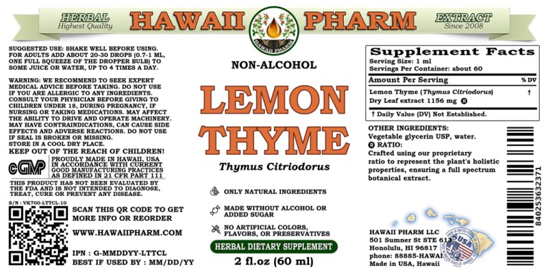 label of Lemon Thyme (<i>Thymus Citriodorus</i>) Dry Leaf Glycerite