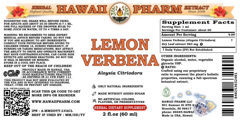 label of Lemon Verbena (<i>Aloysia Citriodora</i>) Dry Leaf Tincture