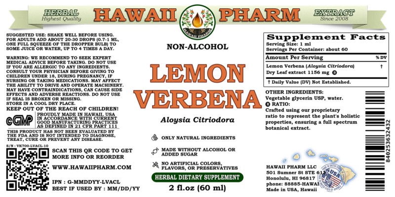 label of Lemon Verbena (<i>Aloysia Citriodora</i>) Dry Leaf Glycerite