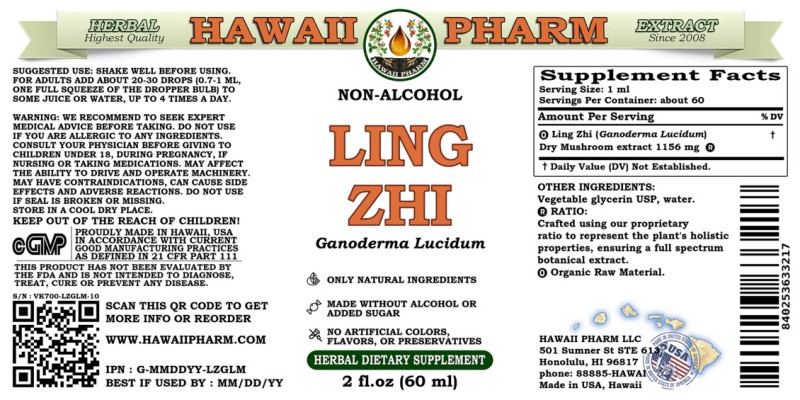label of Ling Zhi (<i>Ganoderma Lucidum</i>) Dry Mushroom Glycerite