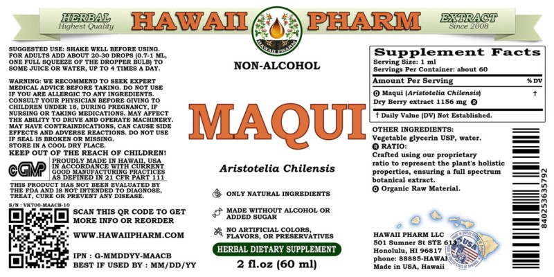 label of Maqui (<i>Aristotelia Chilensis</i>) Dry Berry Glycerite