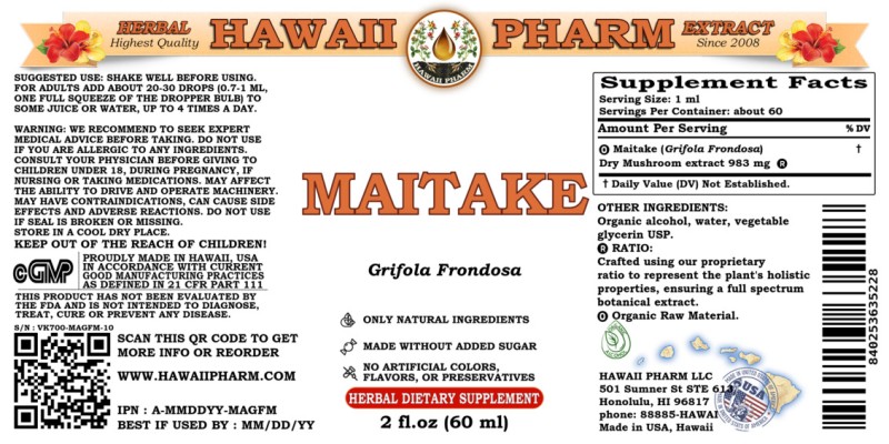 label of Maitake (<i>Grifola Frondosa</i>) Dry Mushroom Tincture
