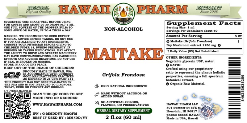 label of Maitake (<i>Grifola Frondosa</i>) Dry Mushroom Glycerite