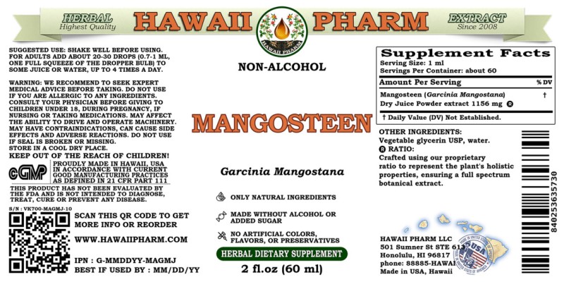 label of Mangosteen (<i>Garcinia Mangostana</i>) Dry Juice Powder Glycerite