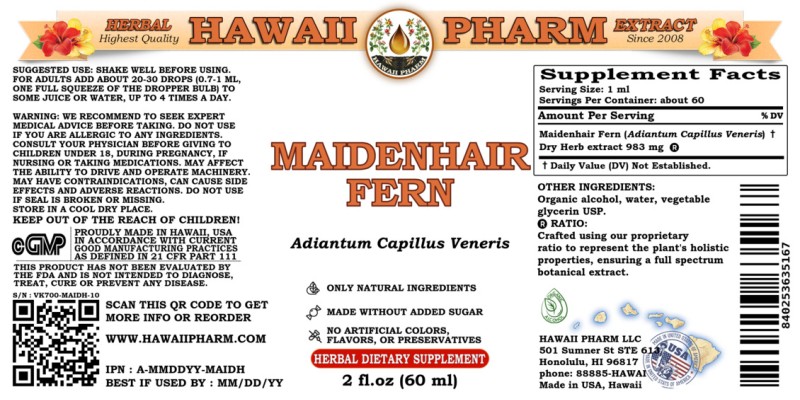 label of Maidenhair Fern (<i>Adiantum Capillus Veneris</i>) Dry Herb Tincture