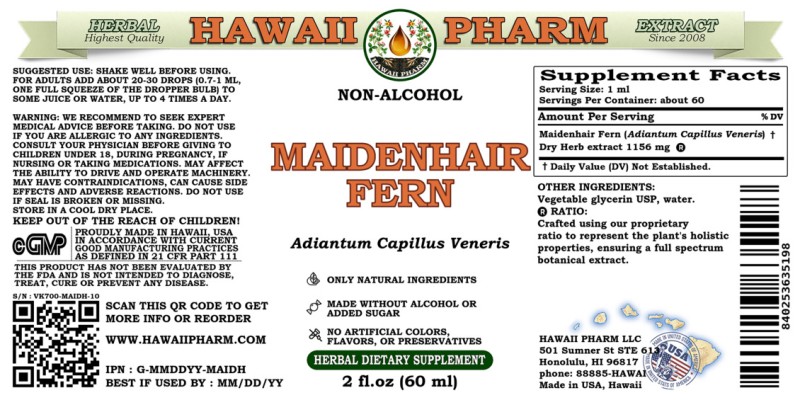 label of Maidenhair Fern (<i>Adiantum Capillus Veneris</i>) Dry Herb Glycerite