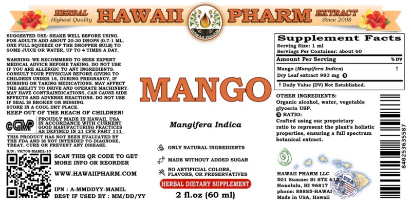 label of Mango (<i>Mangifera Indica</i>) Dry Leaf Tincture