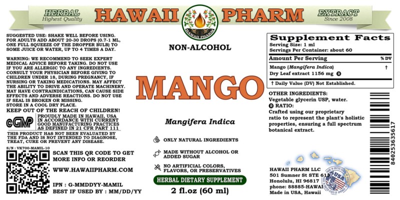 label of Mango (<i>Mangifera Indica</i>) Dry Leaf Glycerite