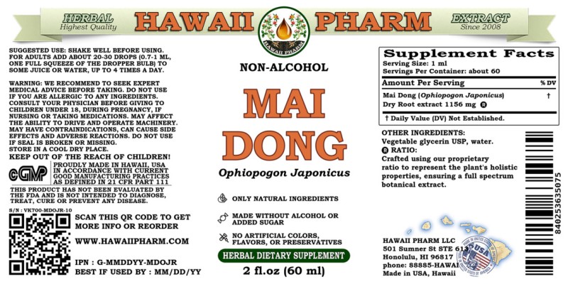 label of Mai Dong (<i>Ophiopogon Japonicus</i>) Dry Root Glycerite