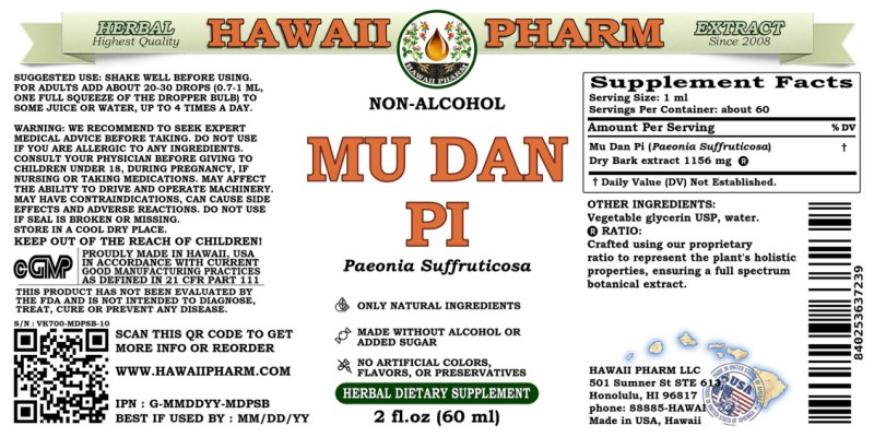 label of Mu Dan Pi (<i>Paeonia Suffruticosa</i>) Dry Bark Glycerite