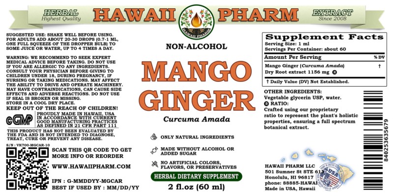 label of Mango Ginger (<i>Curcuma Amada</i>) Dry Root Glycerite