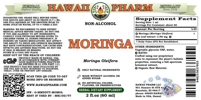 label of Moringa (<i>Moringa Oleifera</i>) Dry Leaf Glycerite