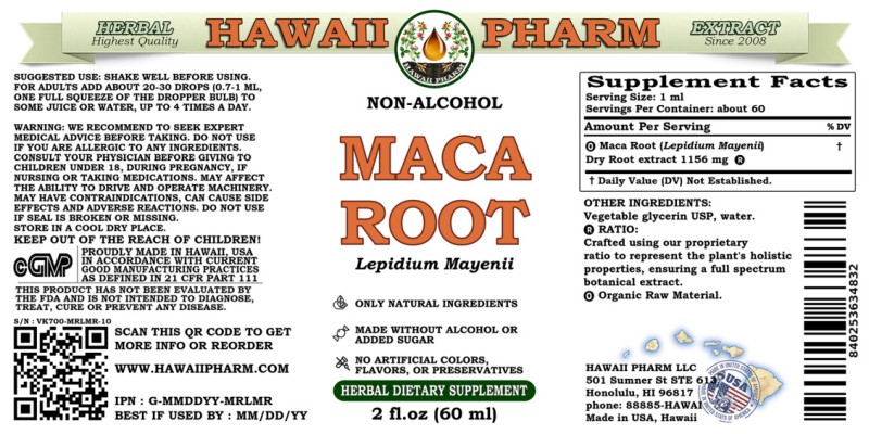 label of Maca Root (<i>Lepidium Mayenii</i>) Dry Root Glycerite