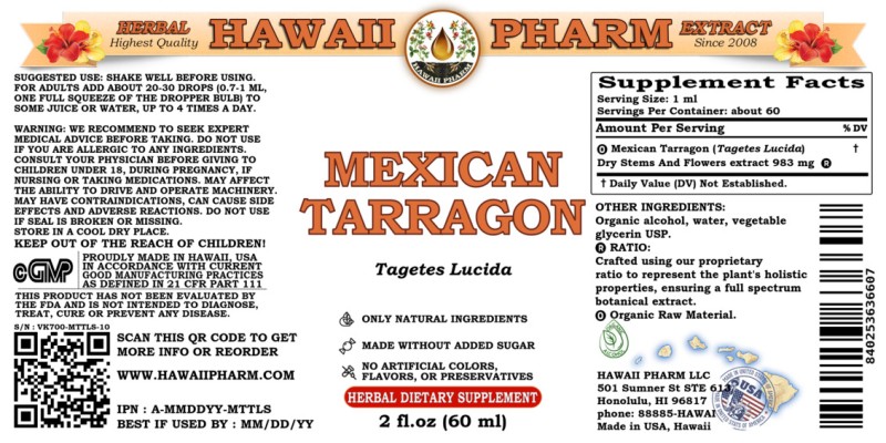 label of Mexican Tarragon (<i>Tagetes Lucida</i>) Dry Stems And Flowers Tincture